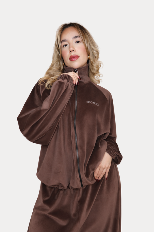 VELOUR ZIPPER in Olive Brown